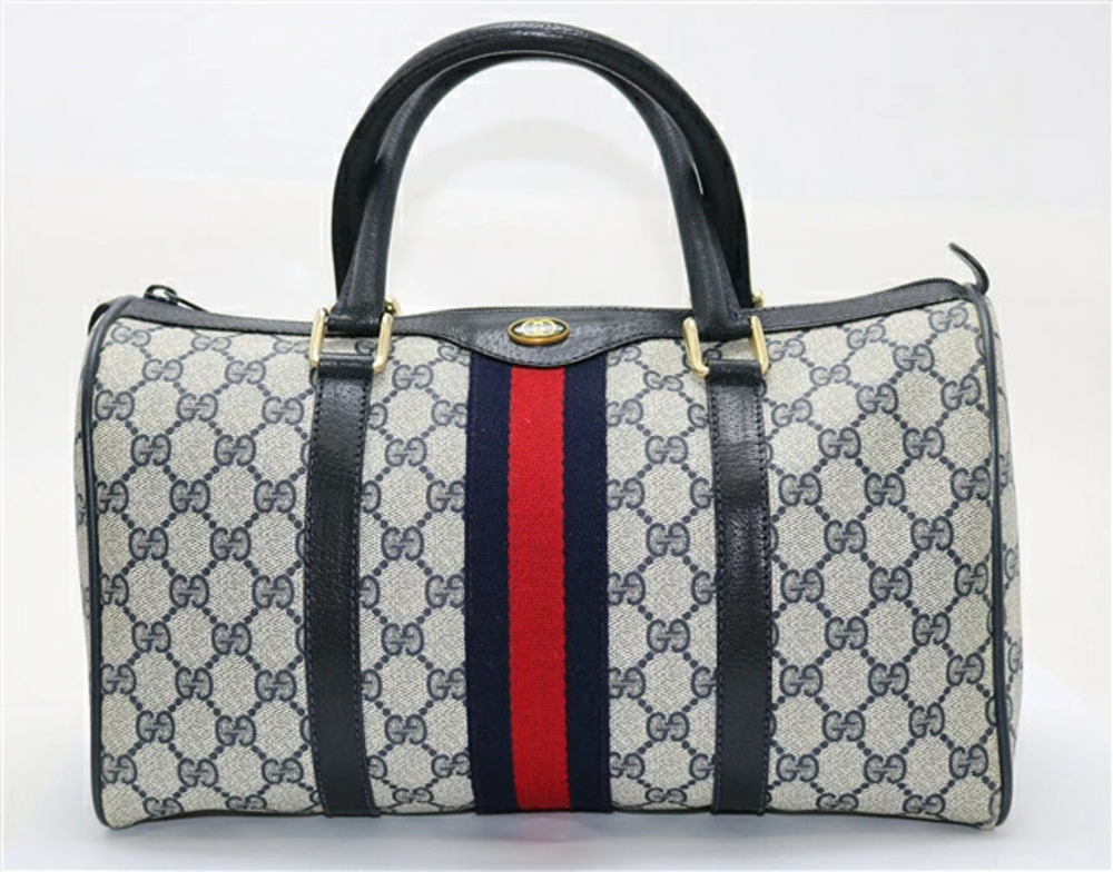 Gucci Boston Bag Gray Navy Blue Embossed